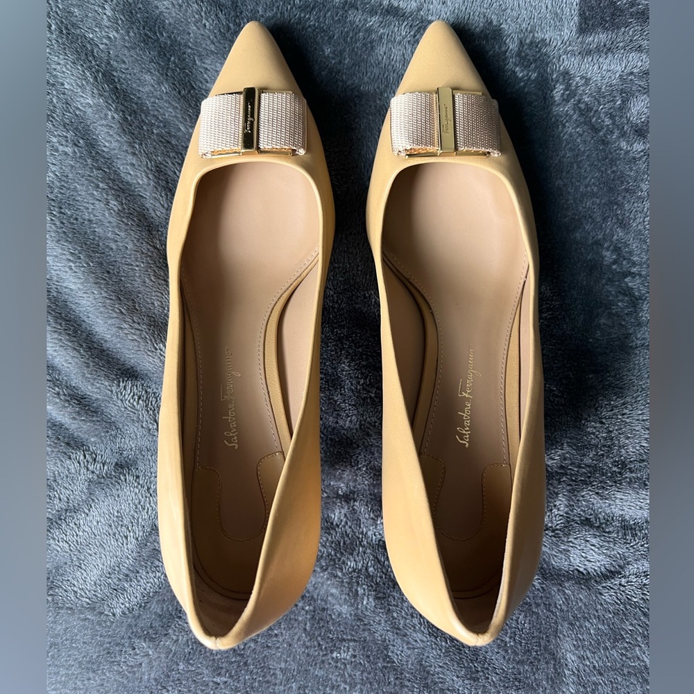 Salvatore Ferragamo Tan Leather Heels with Metal Bow
